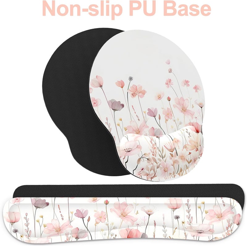 JIGOO Ergonomic Mouse Pad with Wrist Rest and Keyboard Wrist Rest, Mousepad and Wrist Rest for Computer Keyboard, Non-Slip Rubber Base, Mouse Pad Wrist Support for Gaming, Office, Pink Watercolor Flower - Image 4